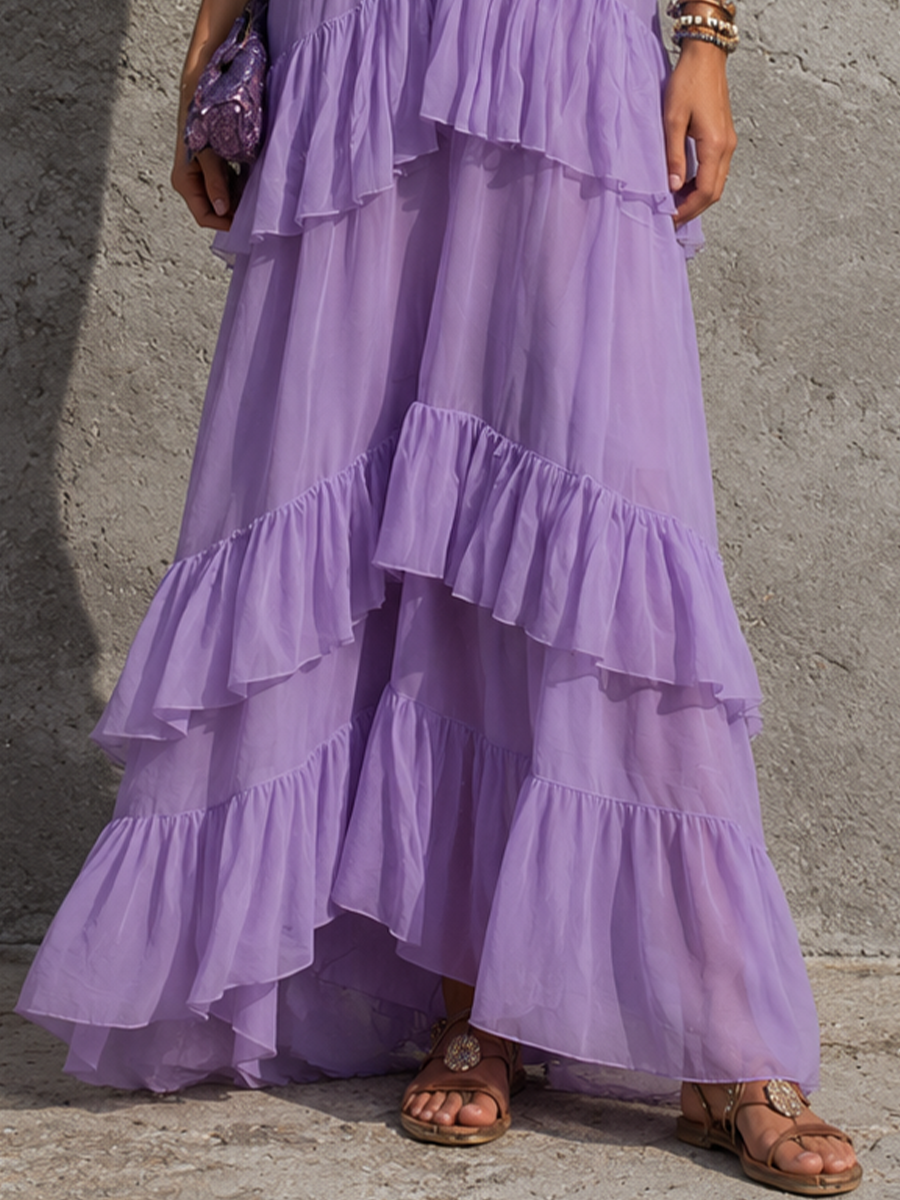 Women's Casual Vacation Style Light Purple Chiffon Ruffled V-Neck Sleeveless Irregular Long Dress MDZ0505F5GMJ