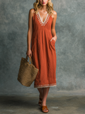Women's Vacation Style Brick Red Cotton Linen Sleeveless V-Neck Lace Embroidered Midi Dress MDZ0524F0GMJ
