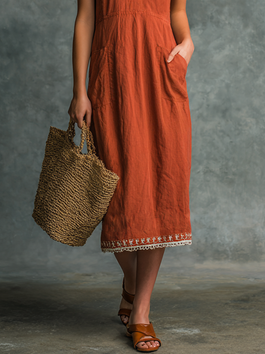 Women's Vacation Style Brick Red Cotton Linen Sleeveless V-Neck Lace Embroidered Midi Dress MDZ0524F0GMJ