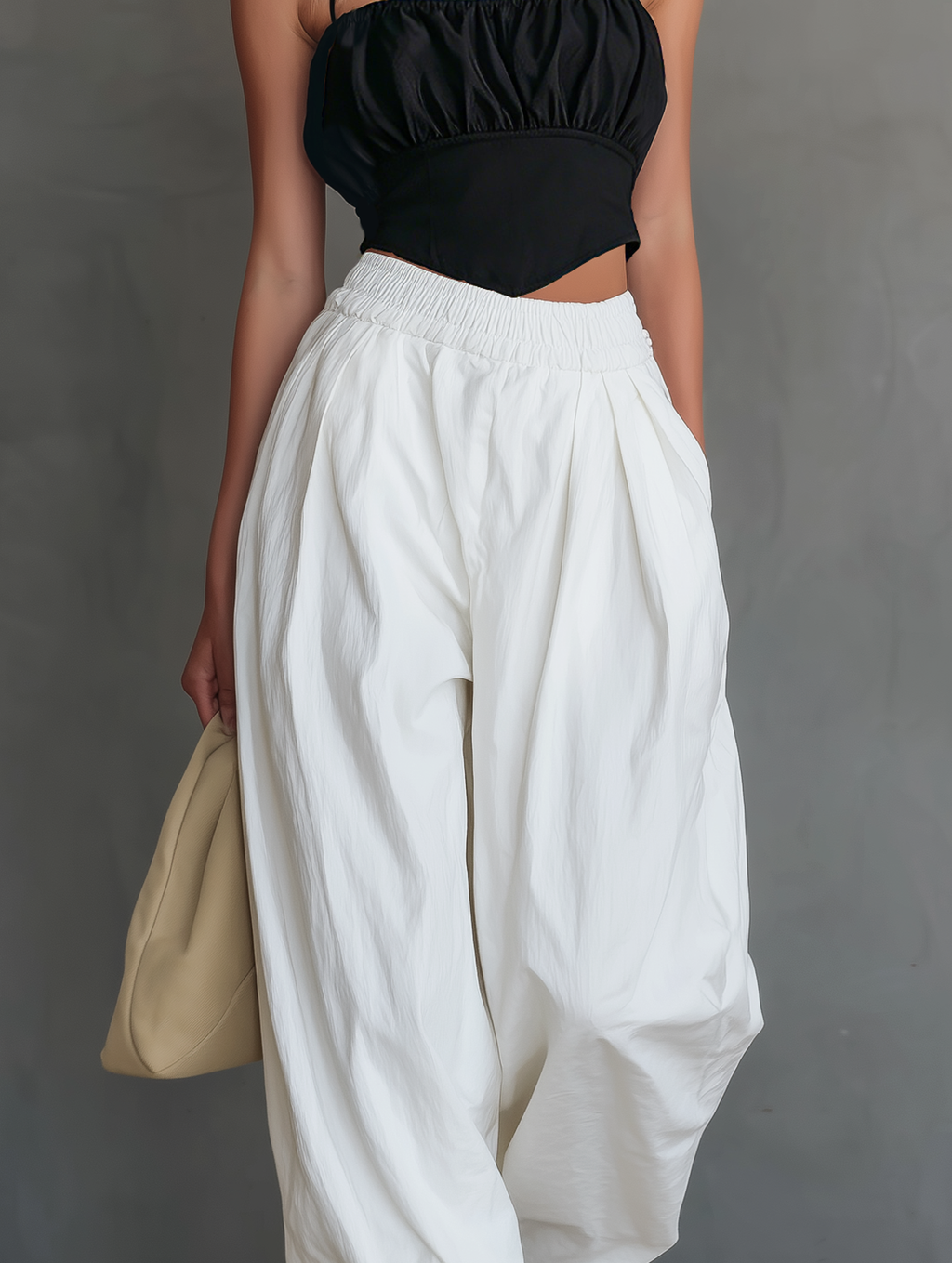 Women's Casual Black Satin Camisole Paired With White Woven Trousers MDZ0525F1LXY