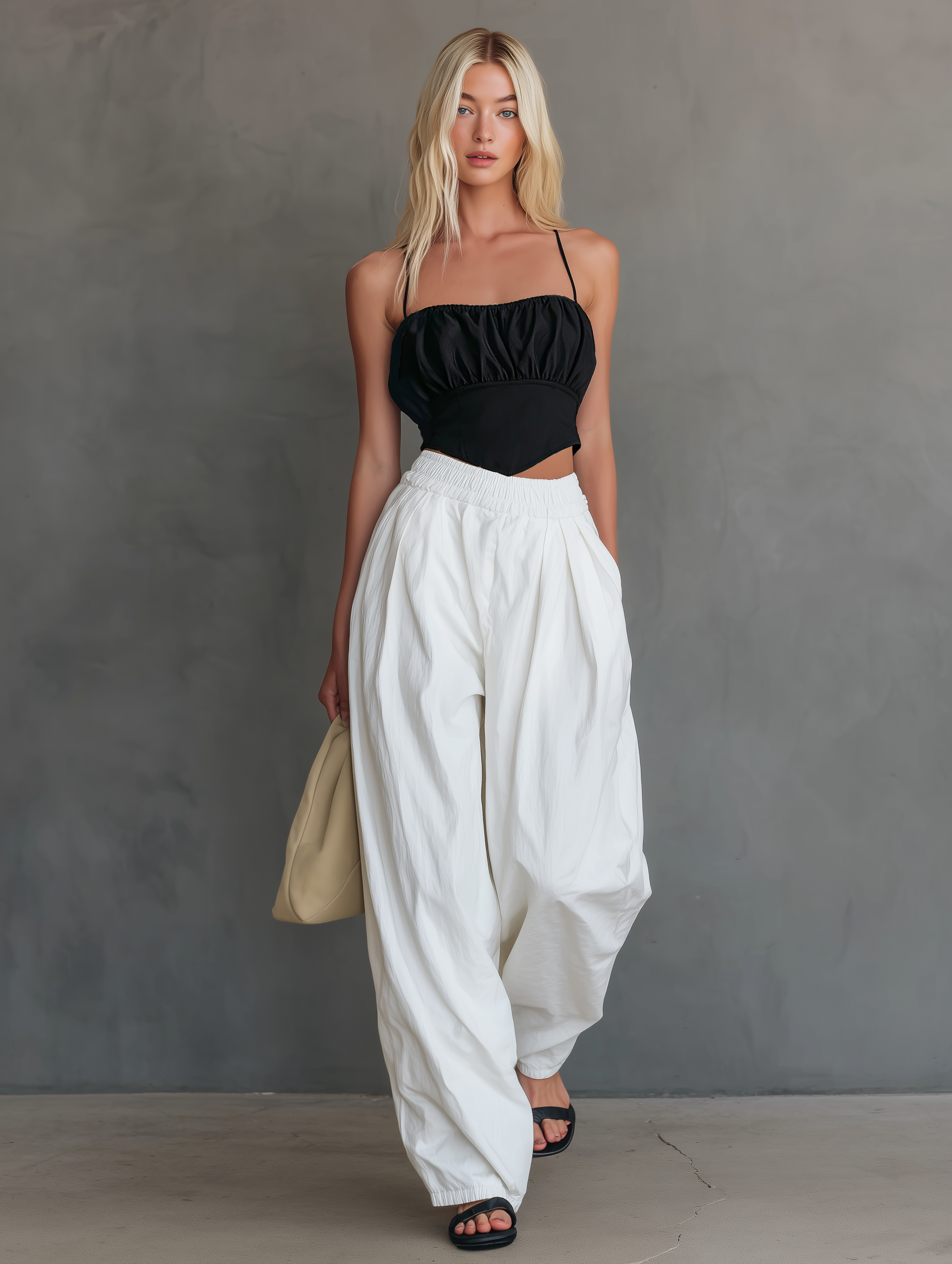 Women's Casual Black Satin Camisole Paired With White Woven Trousers MDZ0525F1LXY