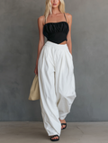 Women's Casual Black Satin Camisole Paired With White Woven Trousers MDZ0525F1LXY