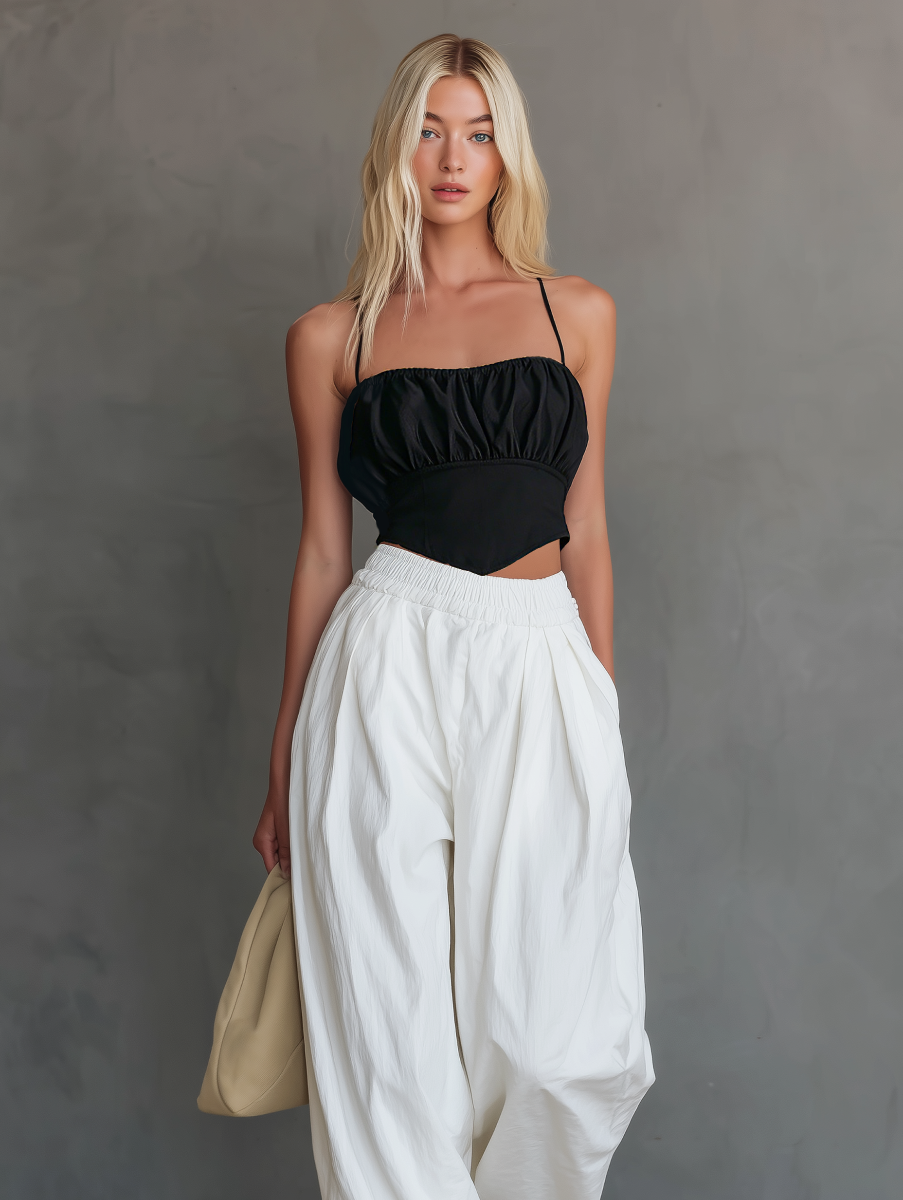 Women's Casual Black Satin Camisole Paired With White Woven Trousers MDZ0525F1LXY