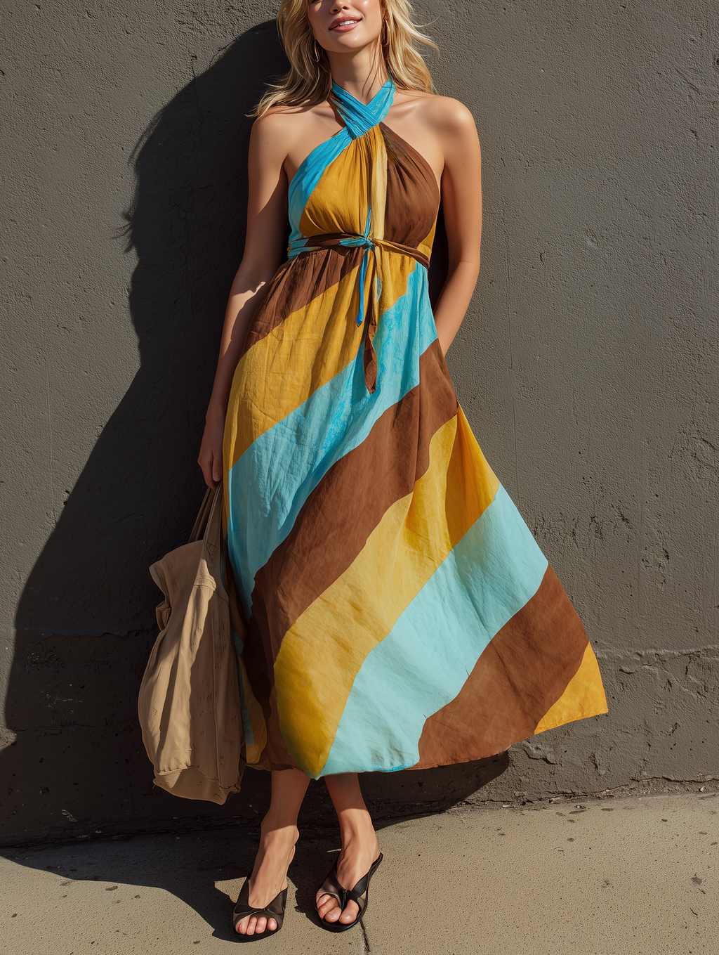 Women's Casual Printed Woven Halter-Neck Sleeveless Maxi Dress MDZ0590F4LXY