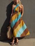 Women's Casual Printed Woven Halter-Neck Sleeveless Maxi Dress MDZ0590F4LXY