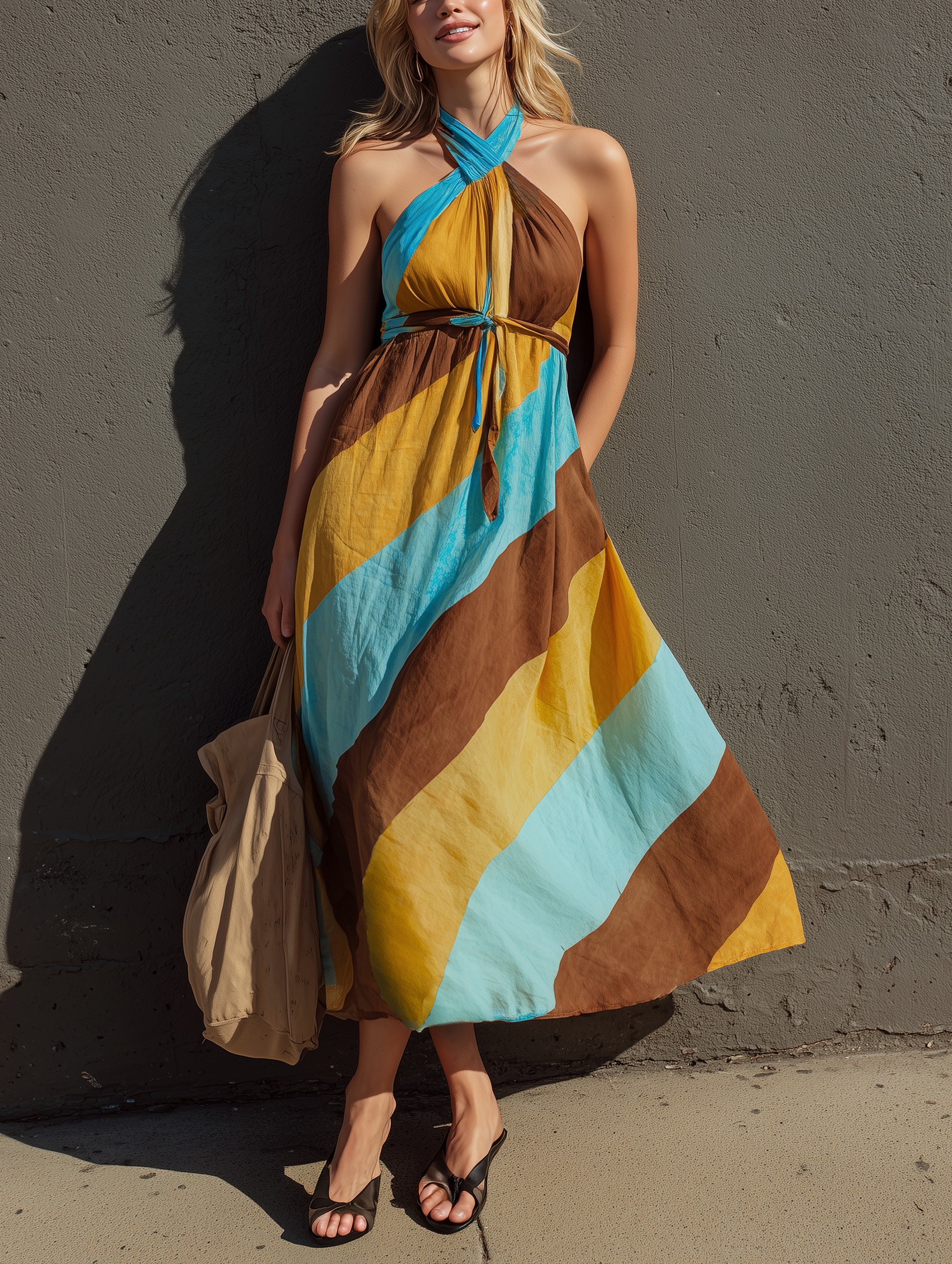 Women's Casual Printed Woven Halter-Neck Sleeveless Maxi Dress MDZ0590F4LXY