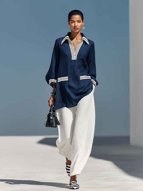 Women's Blue & White Textured Linen Matching Outfit With 3/4 Sleeve Striped Cuff Tunic & Elastic Waist Linen Pants, Contemporary Versatile Summer Outfit MDZ0897F9LYL