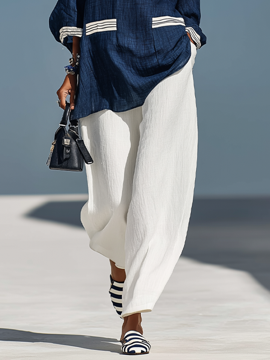Women's Blue & White Textured Linen Matching Outfit With 3/4 Sleeve Striped Cuff Tunic & Elastic Waist Linen Pants, Contemporary Versatile Summer Outfit MDZ0897F9LYL
