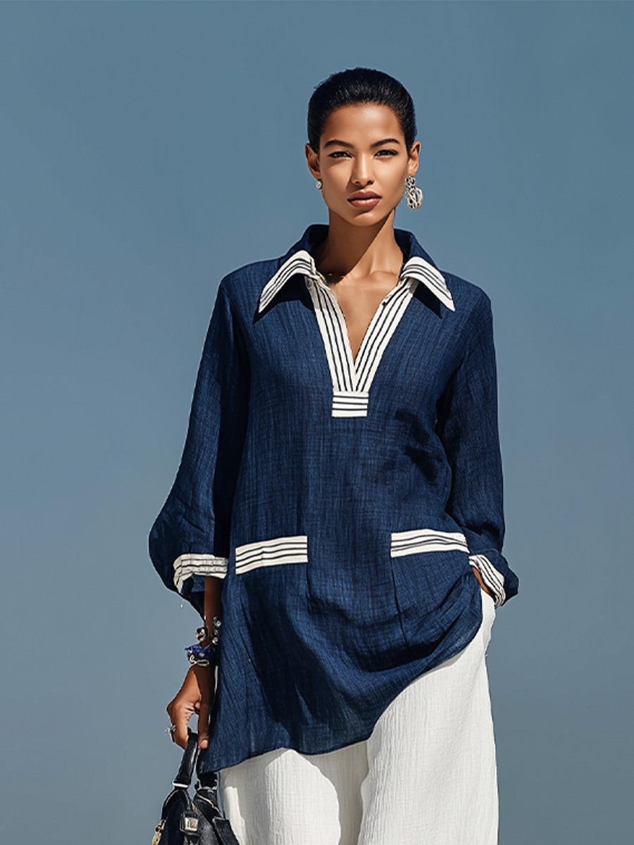 Women's Blue & White Textured Linen Matching Outfit With 3/4 Sleeve Striped Cuff Tunic & Elastic Waist Linen Pants, Contemporary Versatile Summer Outfit MDZ0897F9LYL