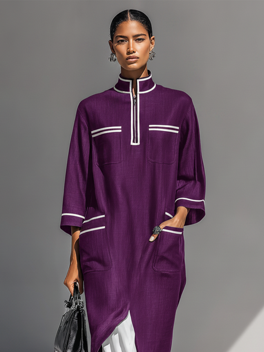 Women's Plum Textured Fabric Caftan Dress With 3/4 Sleeves & Multi Patch Pockets, Contemporary Versatile Resort Kaftan Dress MDZ0862F9LYL
