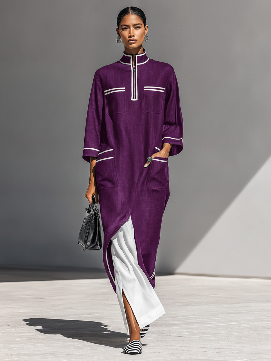 Women's Plum Textured Fabric Caftan Dress With 3/4 Sleeves & Multi Patch Pockets, Contemporary Versatile Resort Kaftan Dress MDZ0862F9LYL