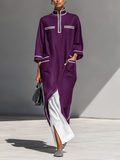 Women's Plum Textured Fabric Caftan Dress With 3/4 Sleeves & Multi Patch Pockets, Contemporary Versatile Resort Kaftan Dress MDZ0862F9LYL