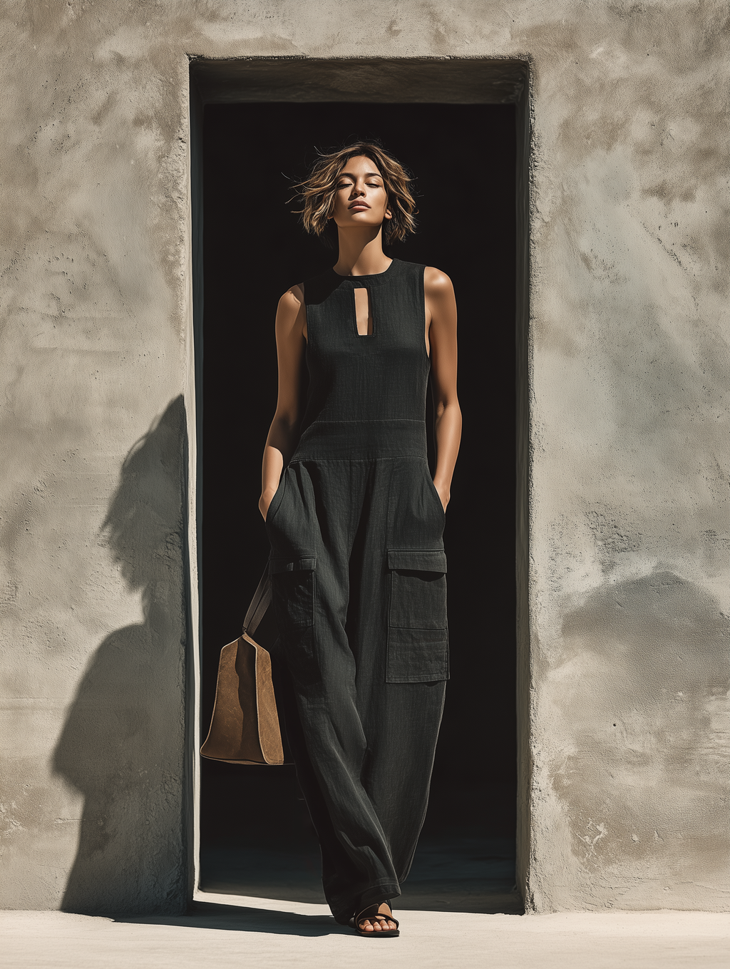 Women’s Black Linen-Blend Sleeveless Keyhole Neck High Waist Cargo Pocket Wide Leg Jumpsuit MDZ0896F2T