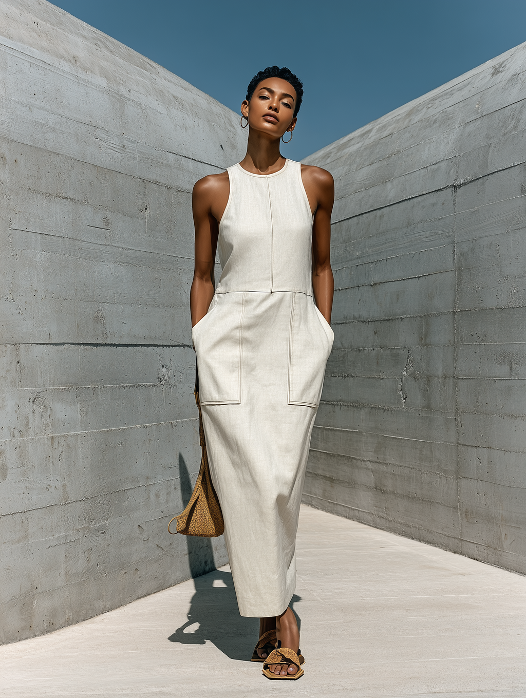 Women’s Minimalist Beige Linen Sleeveless Sheath Maxi Dress With Front Stitching & Side Pockets MDZ0863F1T