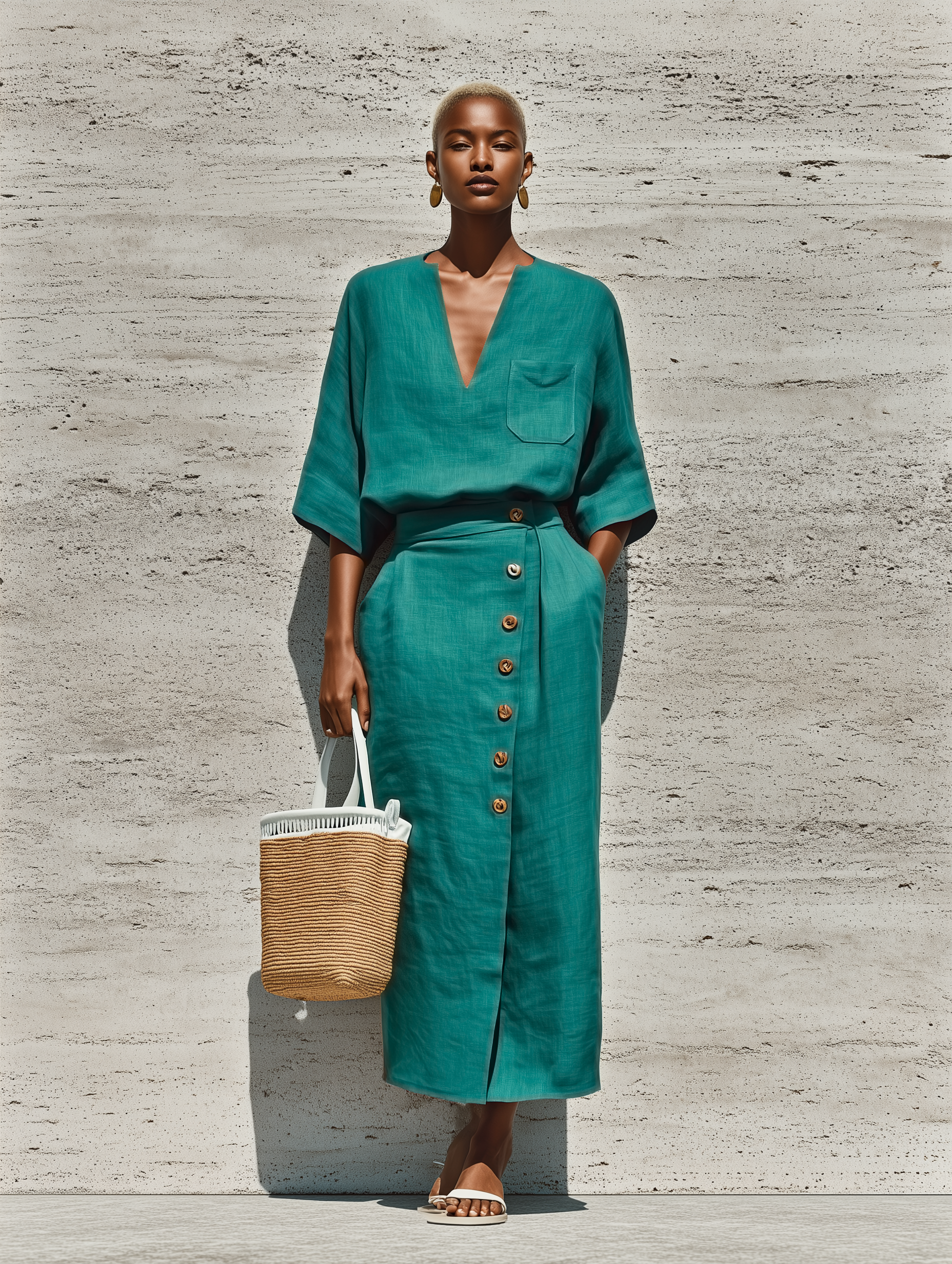 Women’s Teal Linen Split Neck 3/4 Sleeve Pocket Blouse & High Waist Wrap Front Button Midi Skirt Two-Piece Set MDZ0834F9T