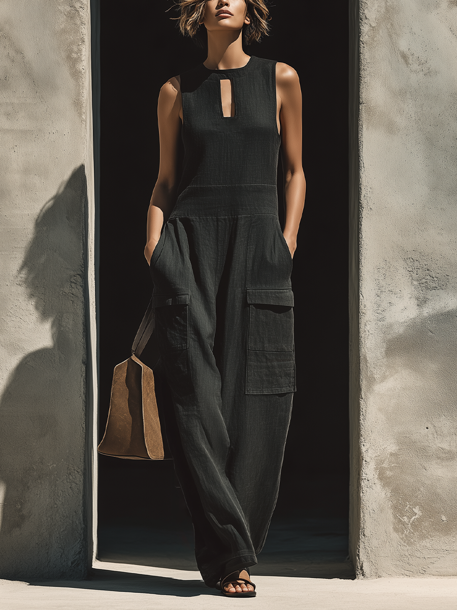 Women’s Black Linen-Blend Sleeveless Keyhole Neck High Waist Cargo Pocket Wide Leg Jumpsuit MDZ0896F2T