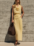 Women's Pale Yellow Sleeveless Chiffon Maxi Dress With A Draped Neckline And Fitted Waist MDZ0856F8T