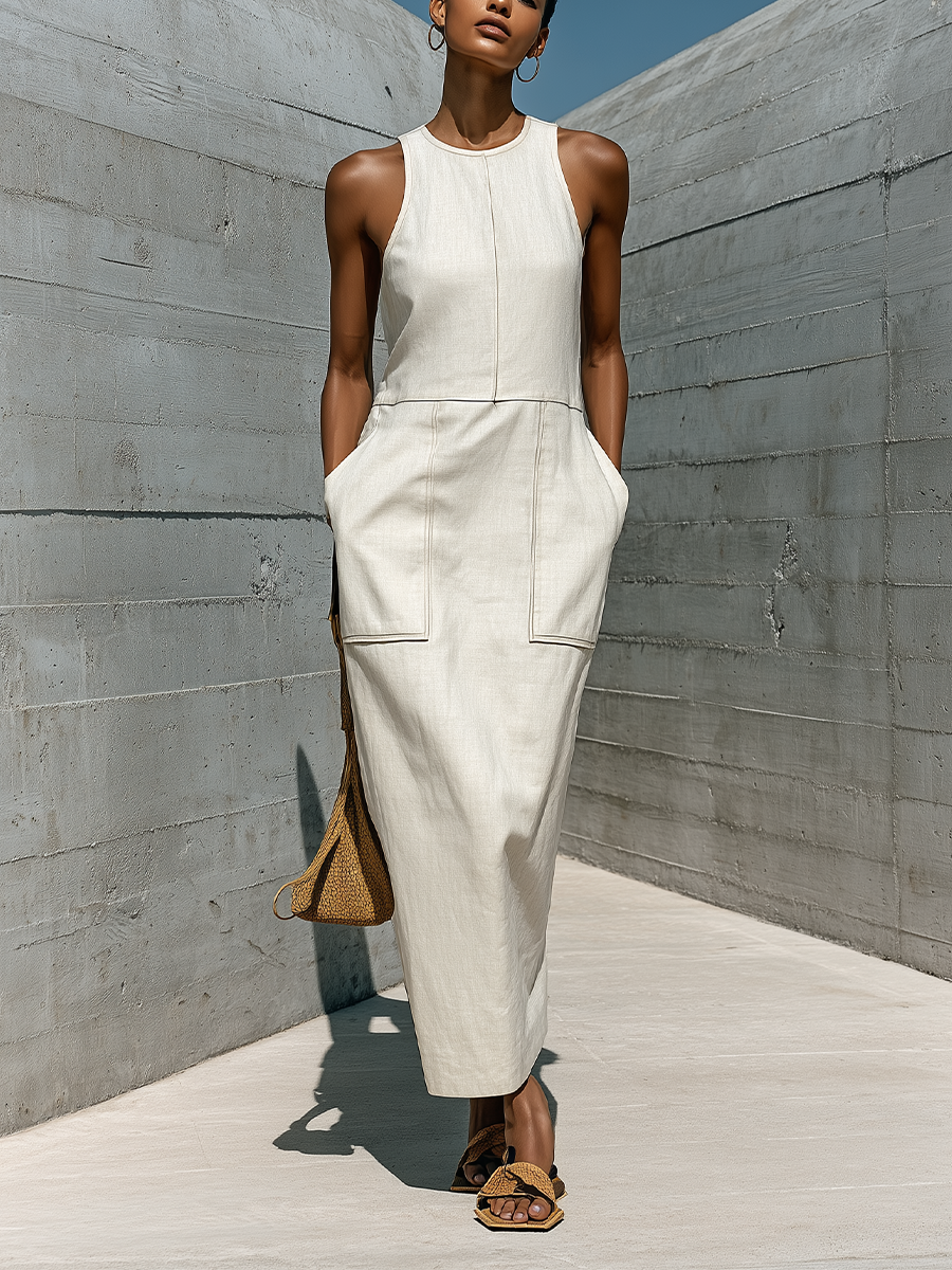 Women’s Minimalist Beige Linen Sleeveless Sheath Maxi Dress With Front Stitching & Side Pockets MDZ0863F1T