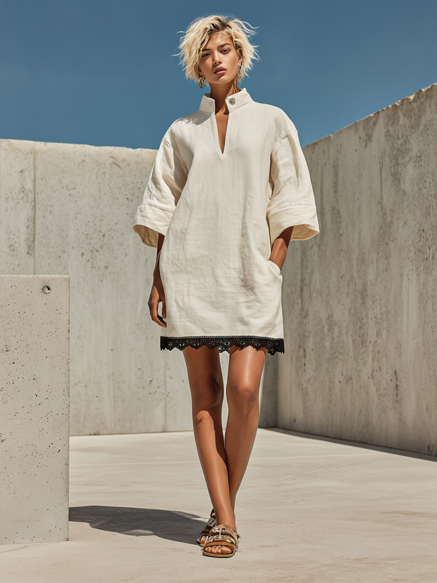 Women’s Off White Linen Stand Collar V-Neck Three-Quarter Sleeve Loose Mini Dress With Black Lace Trim Hem MDZ0848F6T