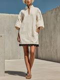 Women’s Off White Linen Stand Collar V-Neck Three-Quarter Sleeve Loose Mini Dress With Black Lace Trim Hem MDZ0848F6T