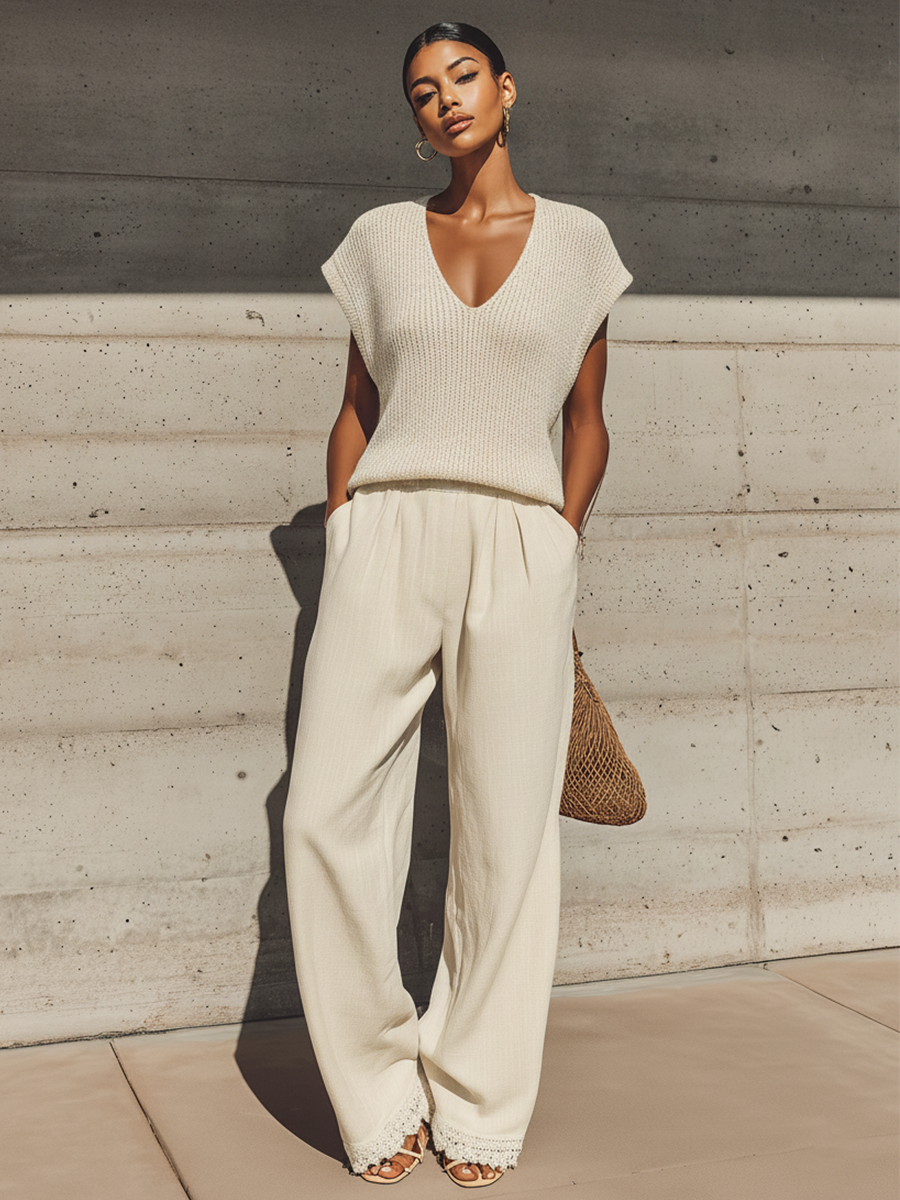 Women’s Beige V-Neck Knit Cap Sleeve Top & Elastic Waist Lace Hem Linen Wide Leg Pants Two-Piece Set MDZ0877F8T