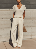 Women’s Beige V-Neck Knit Cap Sleeve Top & Elastic Waist Lace Hem Linen Wide Leg Pants Two-Piece Set MDZ0877F8T