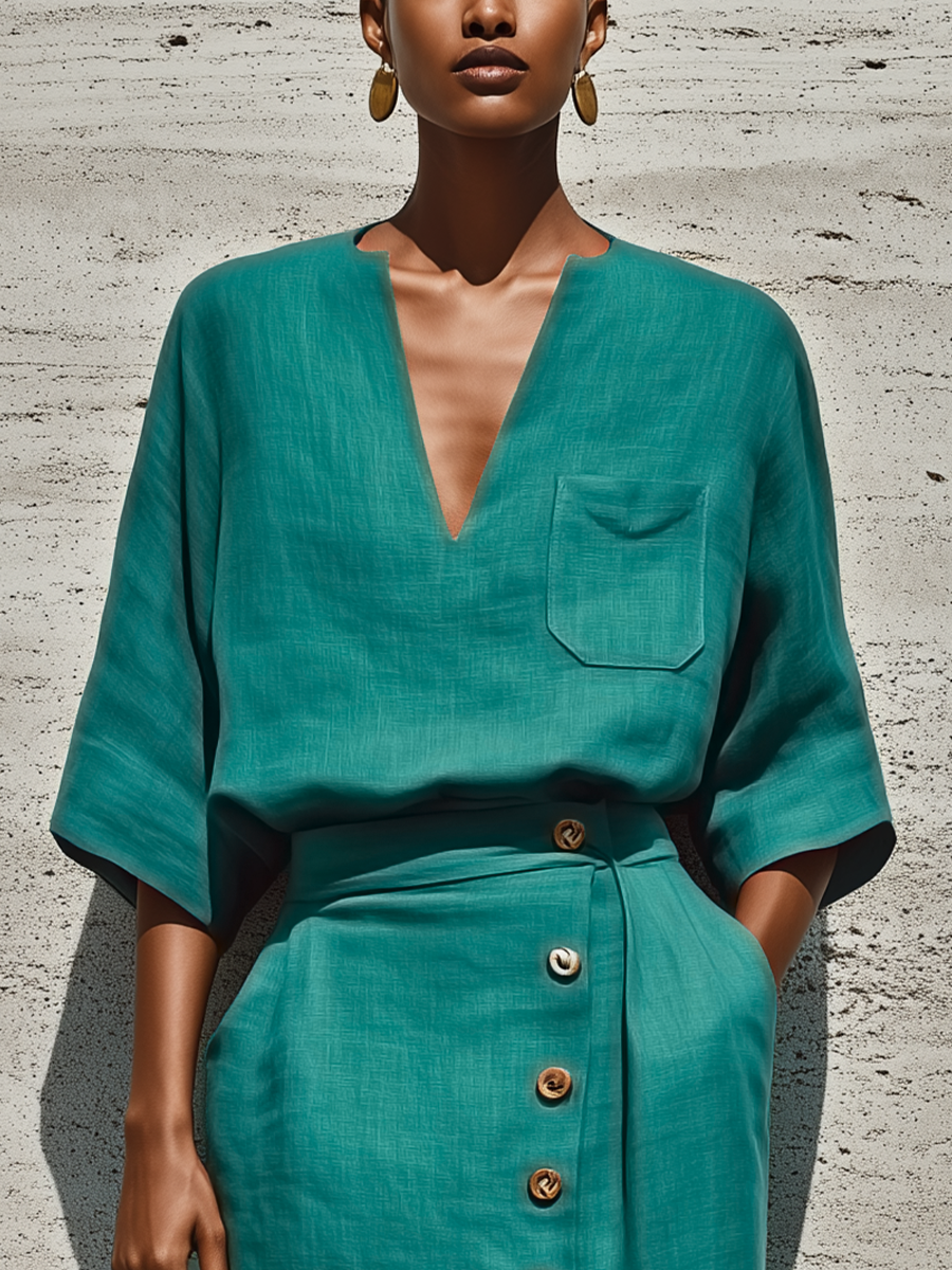Women’s Teal Linen Split Neck 3/4 Sleeve Pocket Blouse & High Waist Wrap Front Button Midi Skirt Two-Piece Set MDZ0834F9T
