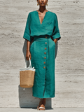 Women’s Teal Linen Split Neck 3/4 Sleeve Pocket Blouse & High Waist Wrap Front Button Midi Skirt Two-Piece Set MDZ0834F9T