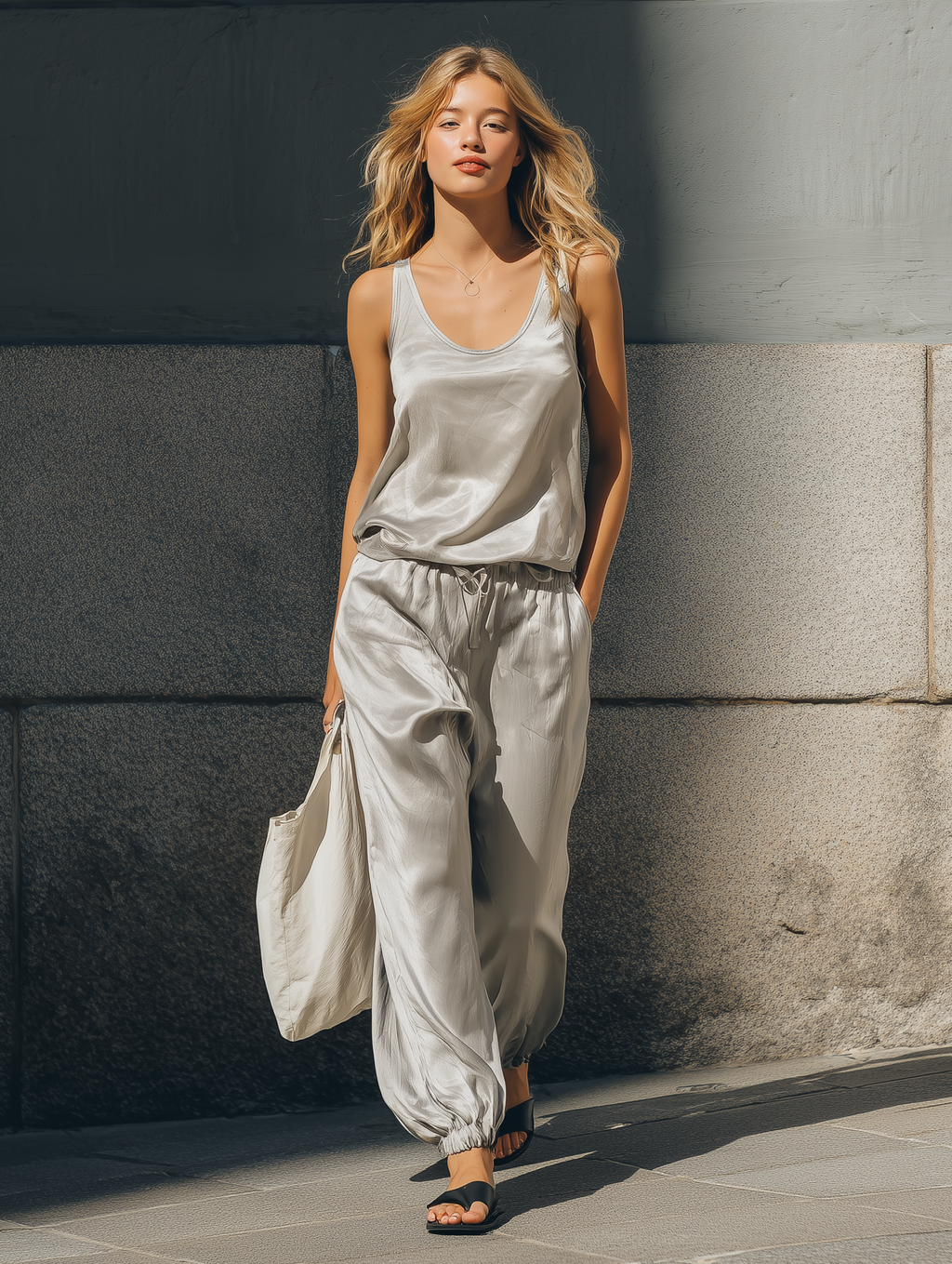 Women's Casual Grey Satin Sleeveless Round-neck Top And Matching Lantern Pants Set MDZ0880F4LXY