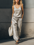 Women's Casual Grey Satin Sleeveless Round-neck Top And Matching Lantern Pants Set MDZ0880F4LXY