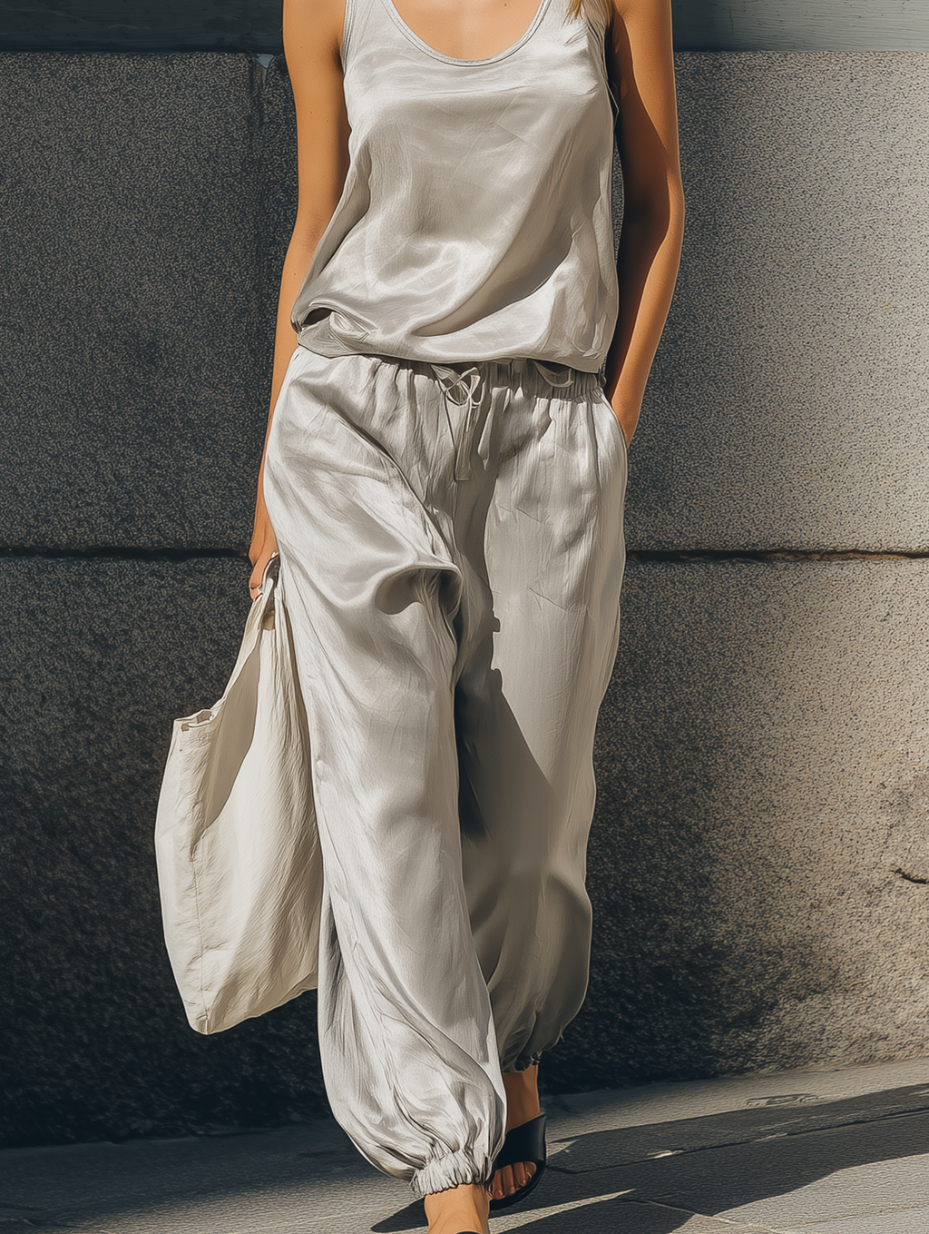 Women's Casual Grey Satin Sleeveless Round-neck Top And Matching Lantern Pants Set MDZ0880F4LXY