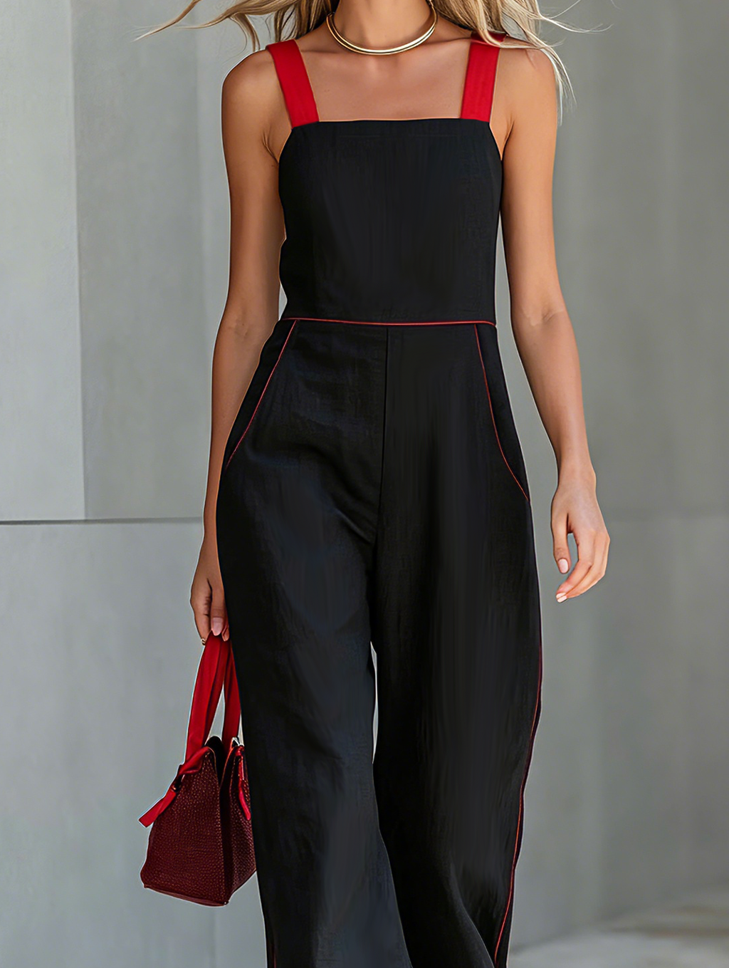 Women's Casual Black Cotton-linen Sleeveless Camisole Jumpsuit MDZ0855F2LXY