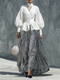 Women's Minimalist Lantern-Sleeve Shirt And Striped Skirt Set MDZ0849F1WY