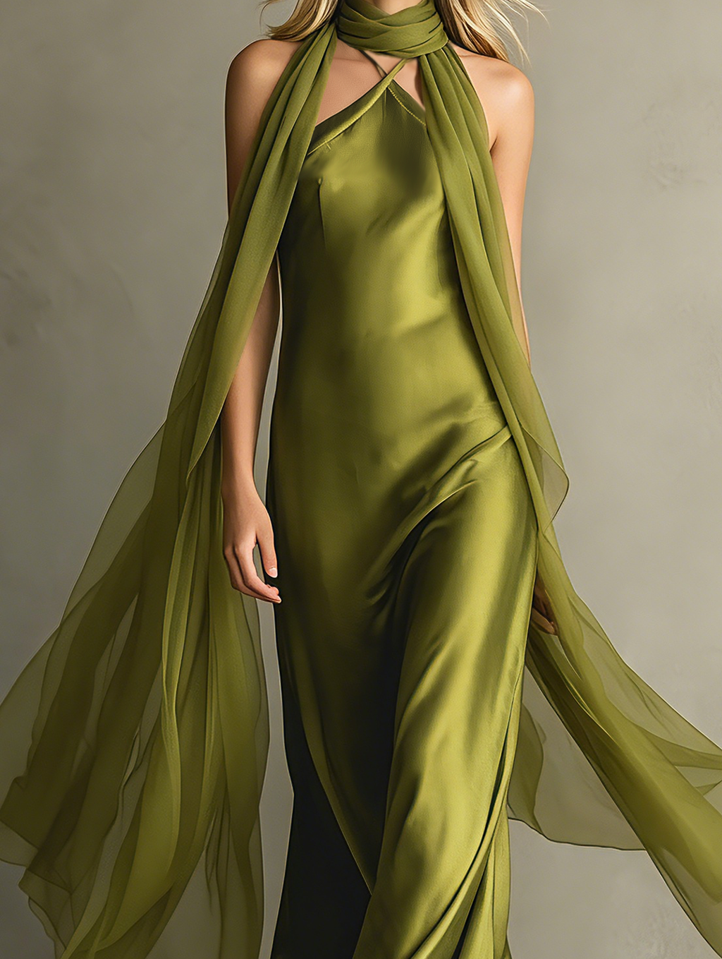 Elegant And Romantic Green Satin Camisole Maxi Dress Paired With A Chiffon Shawl MDZ0825F0LXY