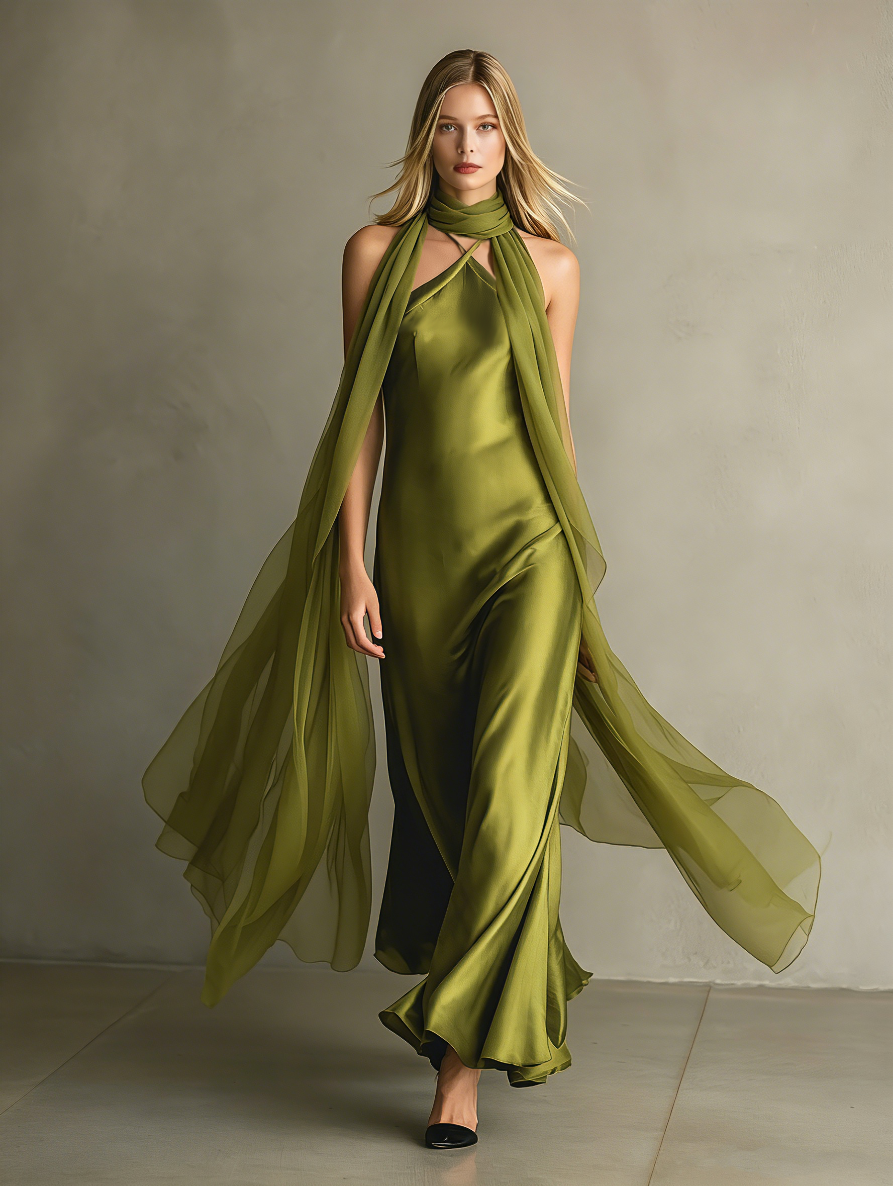 Elegant And Romantic Green Satin Camisole Maxi Dress Paired With A Chiffon Shawl MDZ0825F0LXY