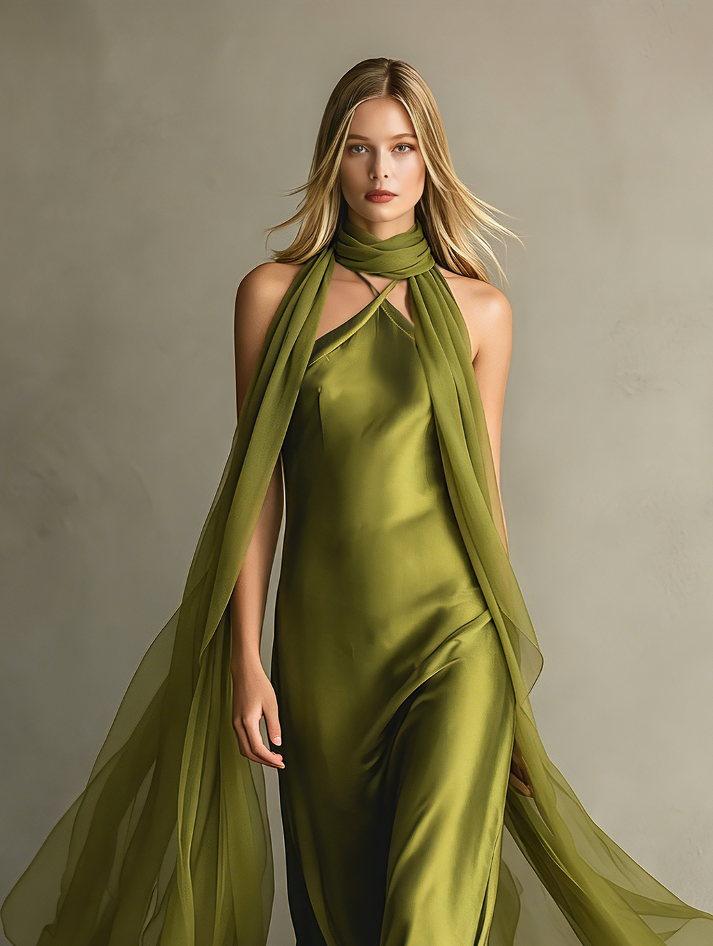 Elegant And Romantic Green Satin Camisole Maxi Dress Paired With A Chiffon Shawl MDZ0825F0LXY