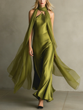 Elegant And Romantic Green Satin Camisole Maxi Dress Paired With A Chiffon Shawl MDZ0825F0LXY