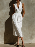 Women's Minimalist Striped Sleeveless Midi Dress With Collar And Belt MDZ0843F8WY