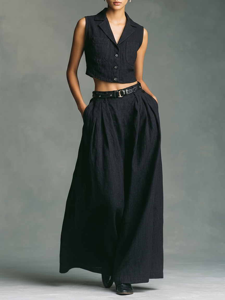 Women's Minimalist Linen-Blend Sleeveless Single-Breasted Vest And Maxi Skirt Set (Belt Not Included) MDZ0893F8WY