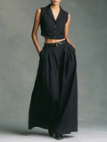 Women's Minimalist Linen-Blend Sleeveless Single-Breasted Vest And Maxi Skirt Set (Belt Not Included) MDZ0893F8WY