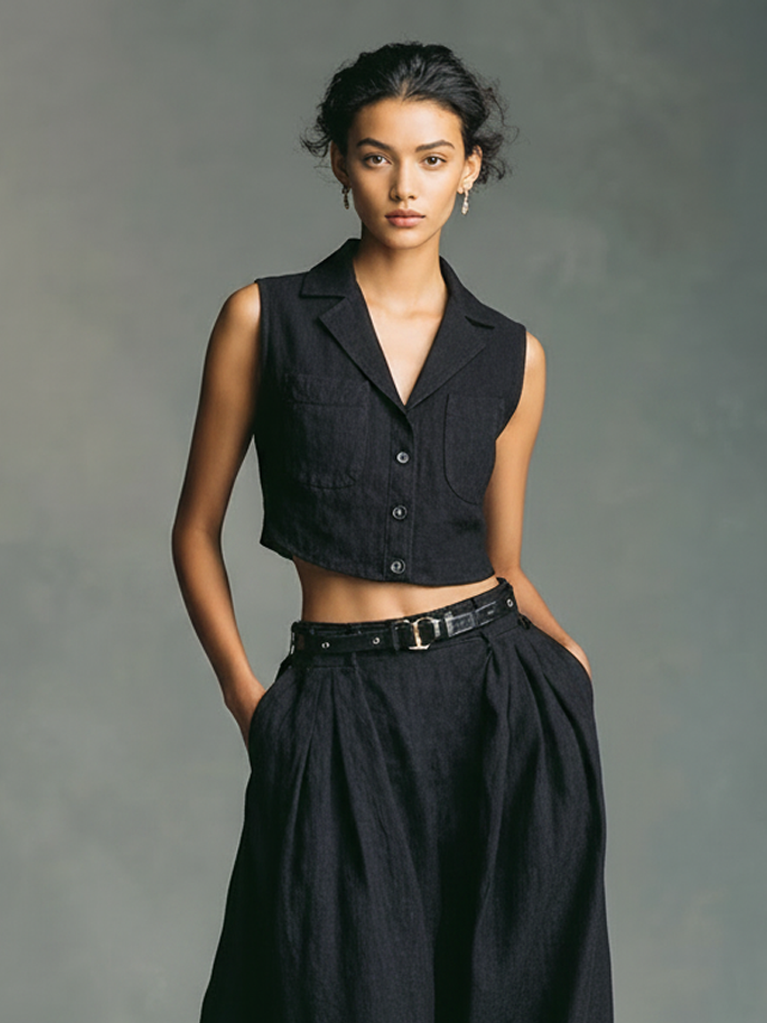 Women's Minimalist Linen-Blend Sleeveless Single-Breasted Vest And Maxi Skirt Set (Belt Not Included) MDZ0893F8WY