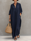 Women's Minimalist Loose-Fit Long-Sleeve Henley Maxi Dress With Raw-Edge Hem MDZ0836F0WY