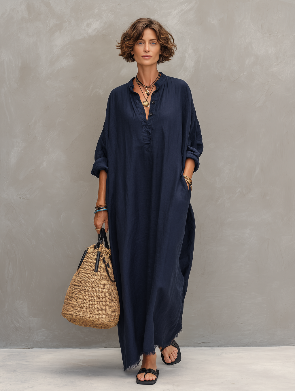 Women's Minimalist Loose-Fit Long-Sleeve Henley Maxi Dress With Raw-Edge Hem MDZ0836F0WY