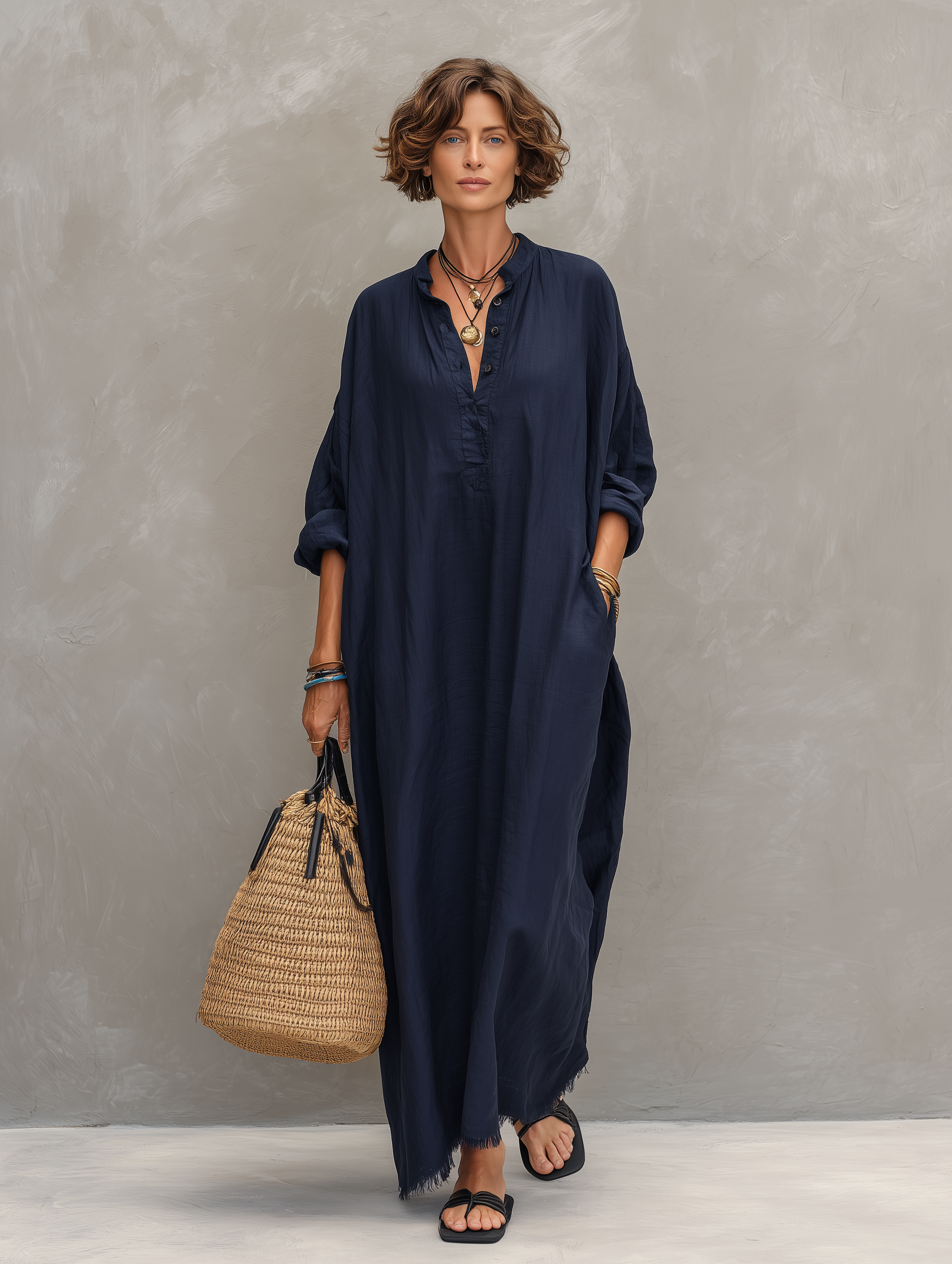 Women's Minimalist Loose-Fit Long-Sleeve Henley Maxi Dress With Raw-Edge Hem MDZ0836F0WY