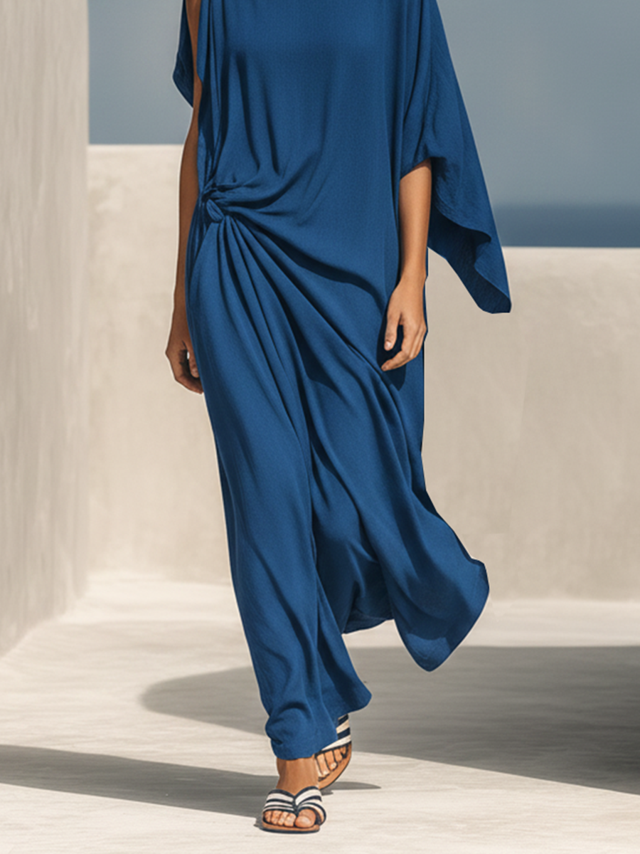 Women's Cobalt Blue Flowy Textured Dress With Boat Neck & Side Drape Knot, Modern Effortless-Chic Vacation Dress MDZ0904F7LYL