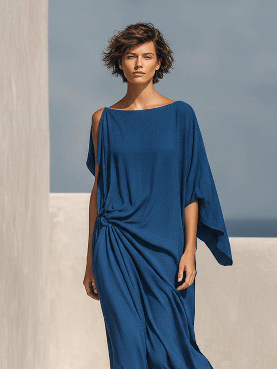 Women's Cobalt Blue Flowy Textured Dress With Boat Neck & Side Drape Knot, Modern Effortless-Chic Vacation Dress MDZ0904F7LYL