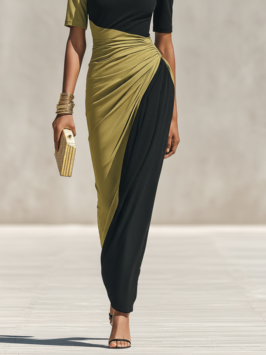 Women's Black & Olive Green Color-Block Jersey Maxi Dress With High Neck & Waist Ruched Detail, Elegant Bodycon Evening Dress MDZ0948F9LYL