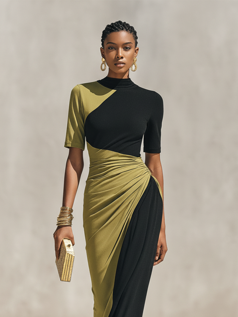 Women's Black & Olive Green Color-Block Jersey Maxi Dress With High Neck & Waist Ruched Detail, Elegant Bodycon Evening Dress MDZ0948F9LYL