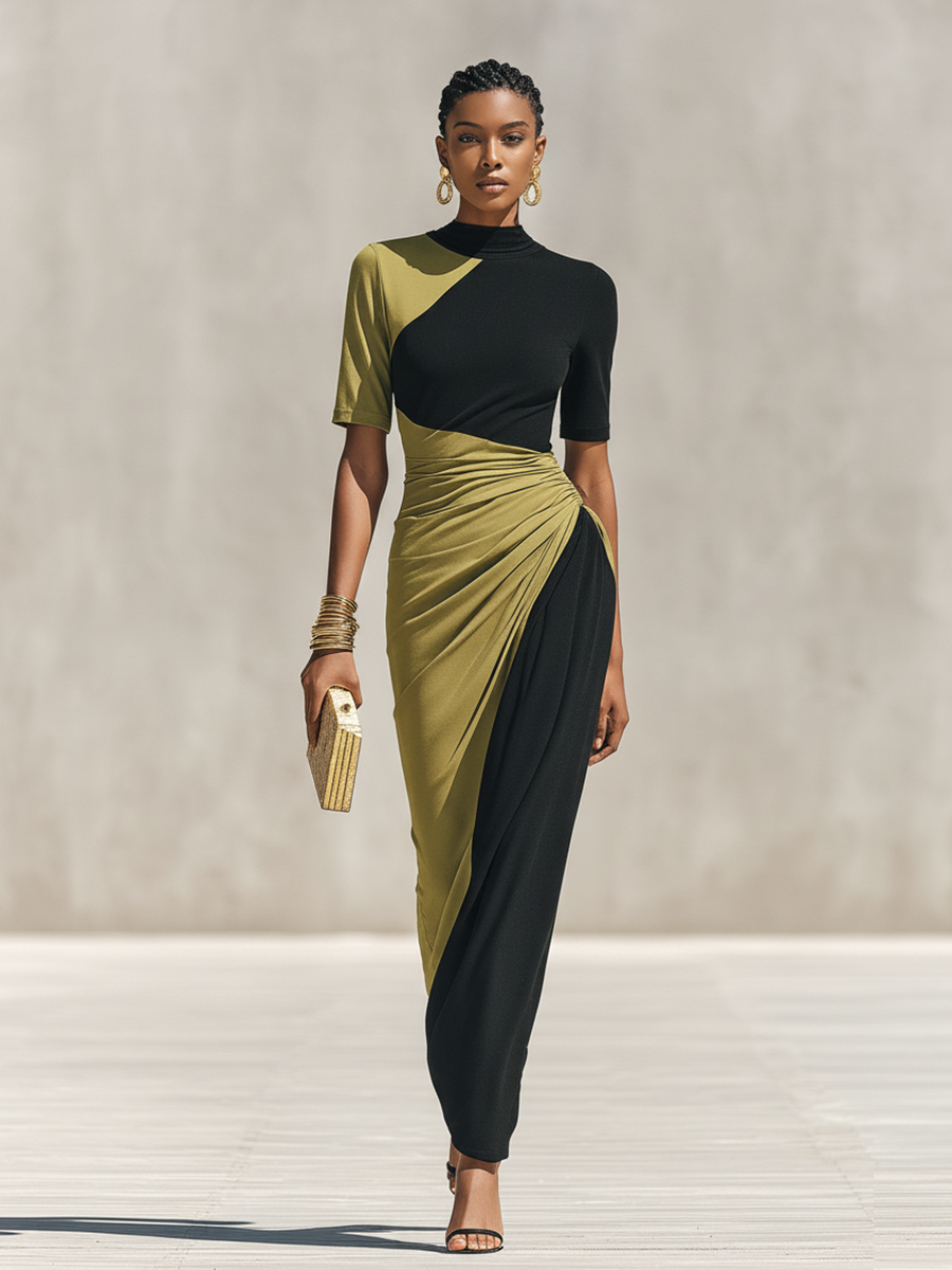 Women's Black & Olive Green Color-Block Jersey Maxi Dress With High Neck & Waist Ruched Detail, Elegant Bodycon Evening Dress MDZ0948F9LYL