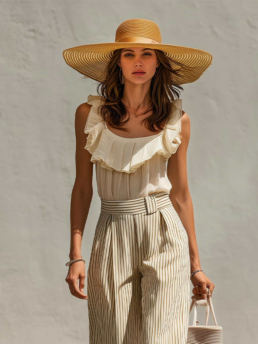 Women's Cream & Beige Two-Piece Set With Ruffled Sleeveless Cami Top & High Waist Striped Wide Leg Pants, Casual Resort Outfit MDZ0975F2LYL